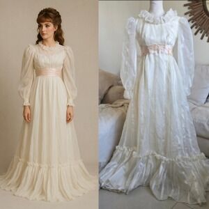 Emma Domb Vintage 70s Ivory Organza Wedding Bridal Gown Prairie Pink Sash XXS/XS